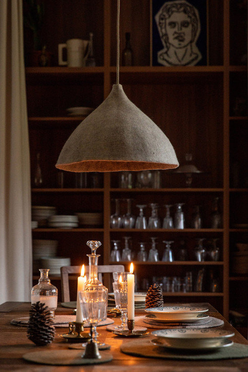 Large perforated felt shade: a pendant light for the dining room