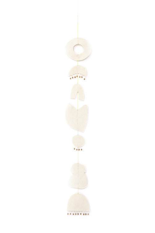 Natural Chakra mobile in quilted felt and brass bells