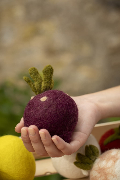 a hand is holding a beetroot in felt