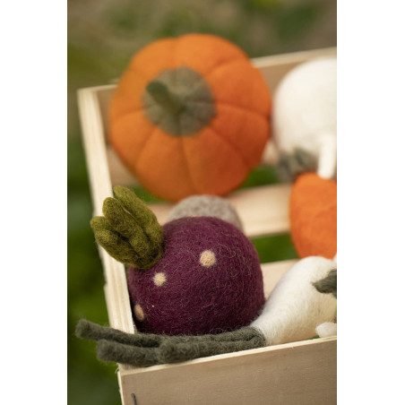 vegetables made of felt in a wooden box