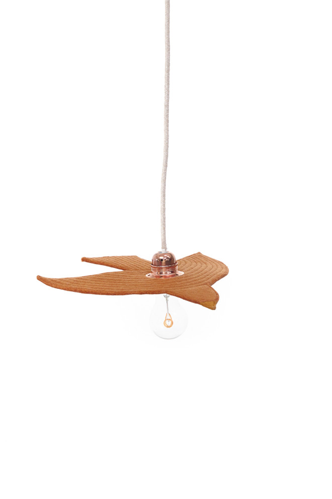 Small lighted suspension bird in quilted wool felt