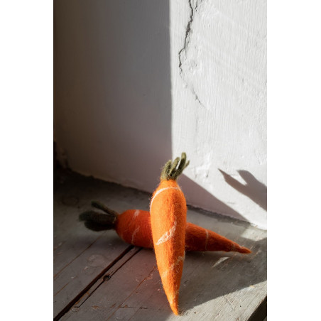 two woolen carrots felted by hand