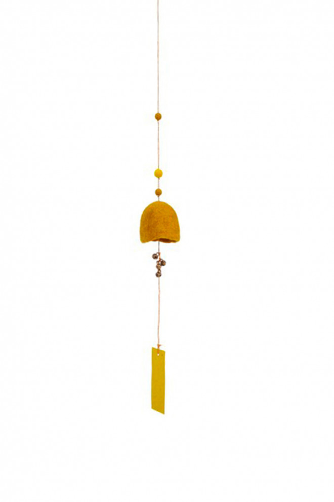 two felt bells hanging from a door handle for a poetic and colorful decoration