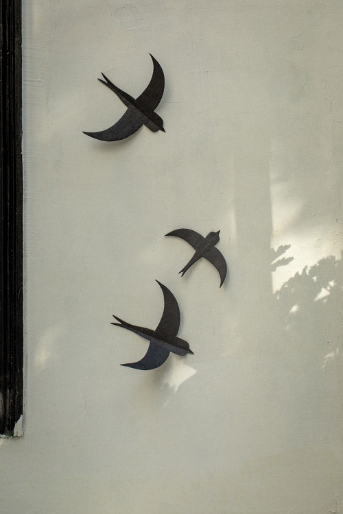 three handmade black paper swallows decorate a white wall with poetry
