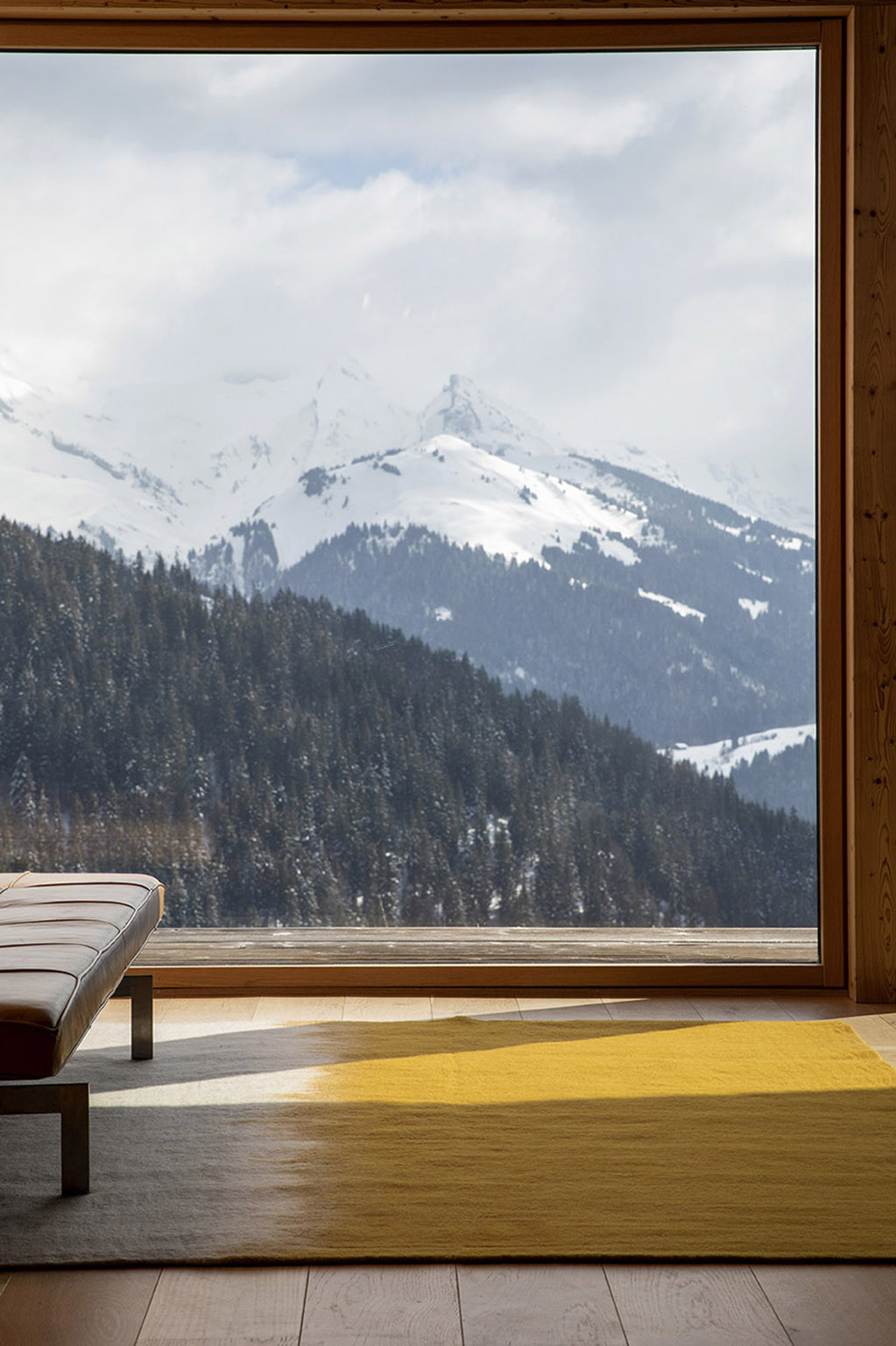 Tapis rectangulaire en feutre de laine bicolore dans un chalet