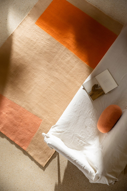 Grand tapis rectangle tricolore en feutre dans un salon