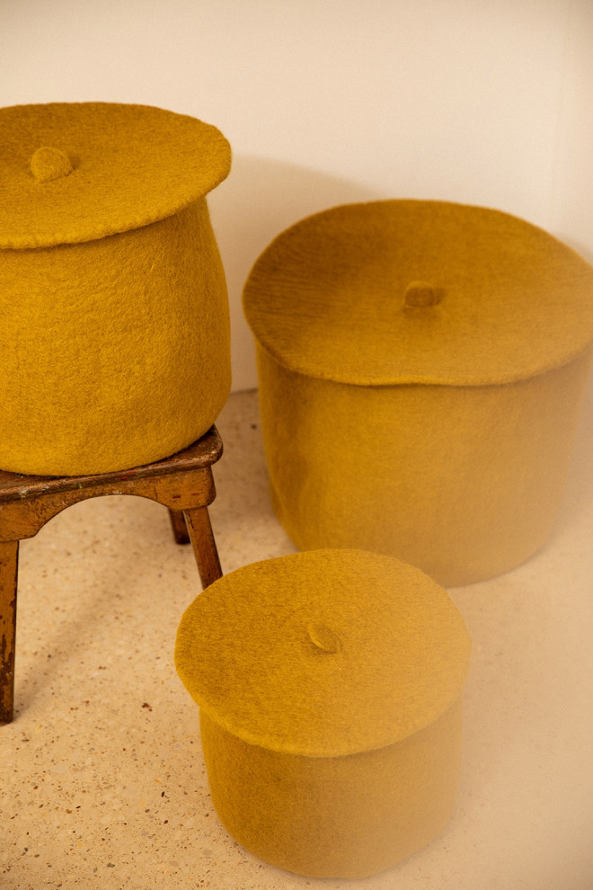 ochre storage baskets with matching covers
