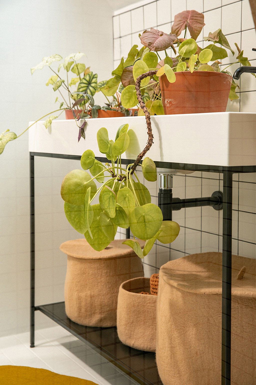 baskets and covers in the washroom for optimized storage