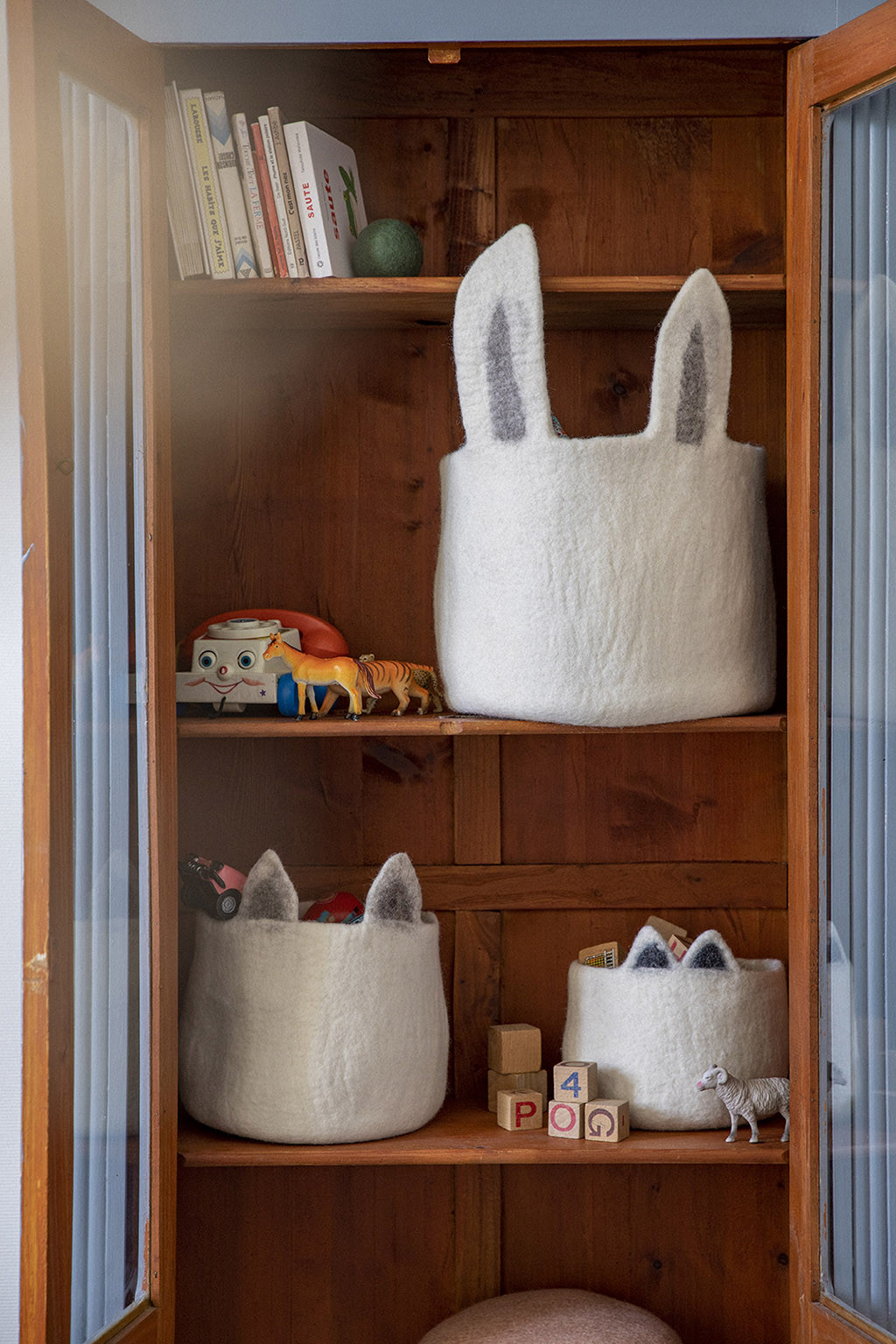 3 felt baskets in the shape of animals for a child's room