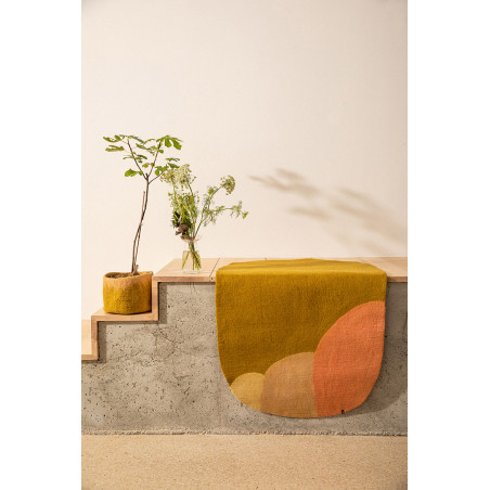 Green, yellow and pink oval wool felt carpet