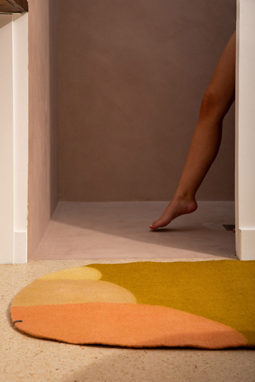 Woolen carpet boiled oval green yellow and pink shower exit