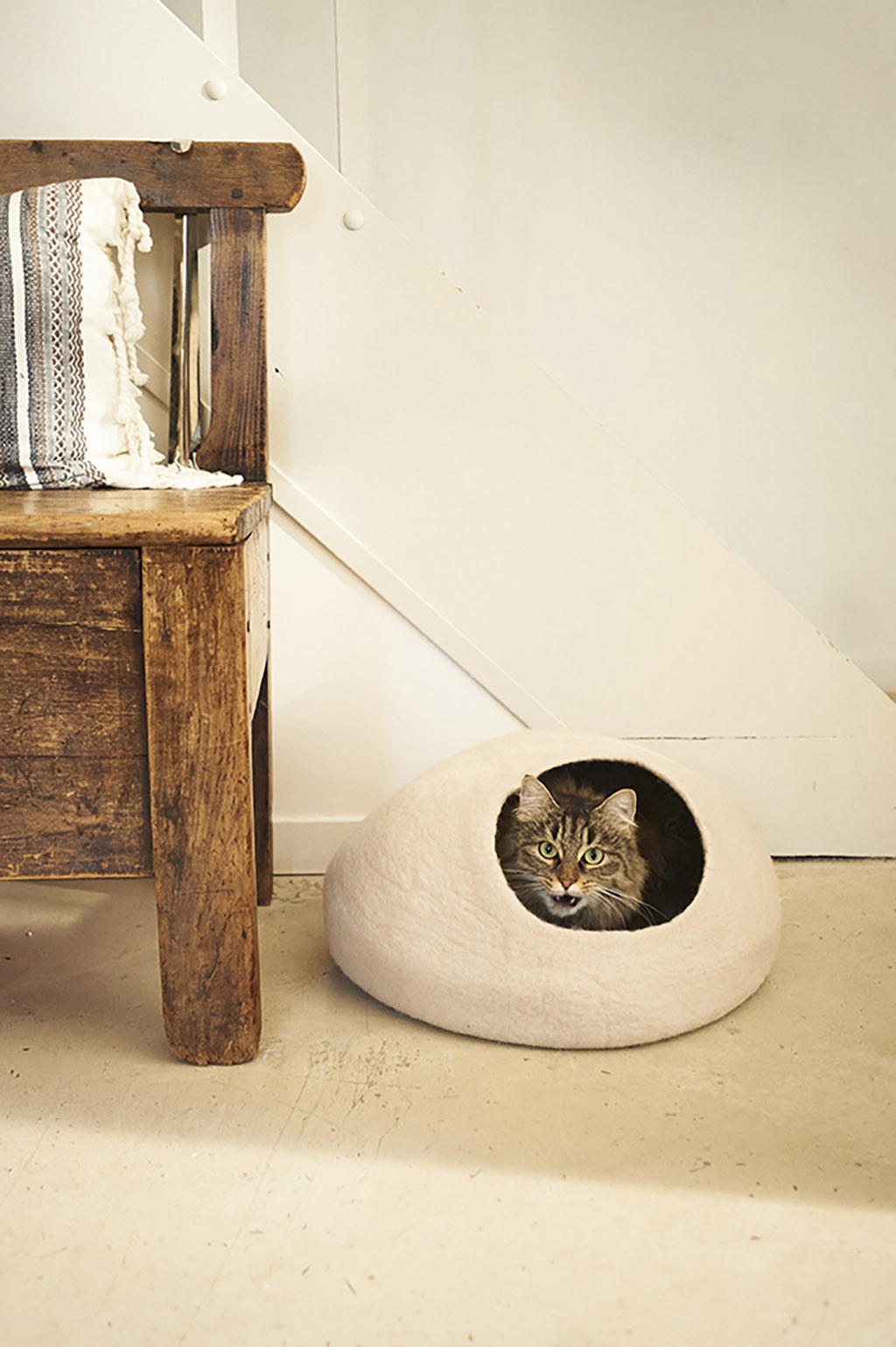 a decorative cat basket installed on a hallway floor