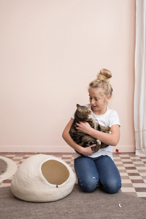 une fille caresse le chat à côté de son panier à chat en laine bouillie une fille caresse le chat à côté de son panier à chat en laine bouillie