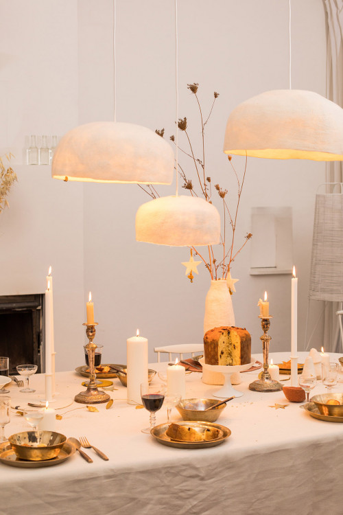 Trio of felted wool ceiling lights for a poetic party table