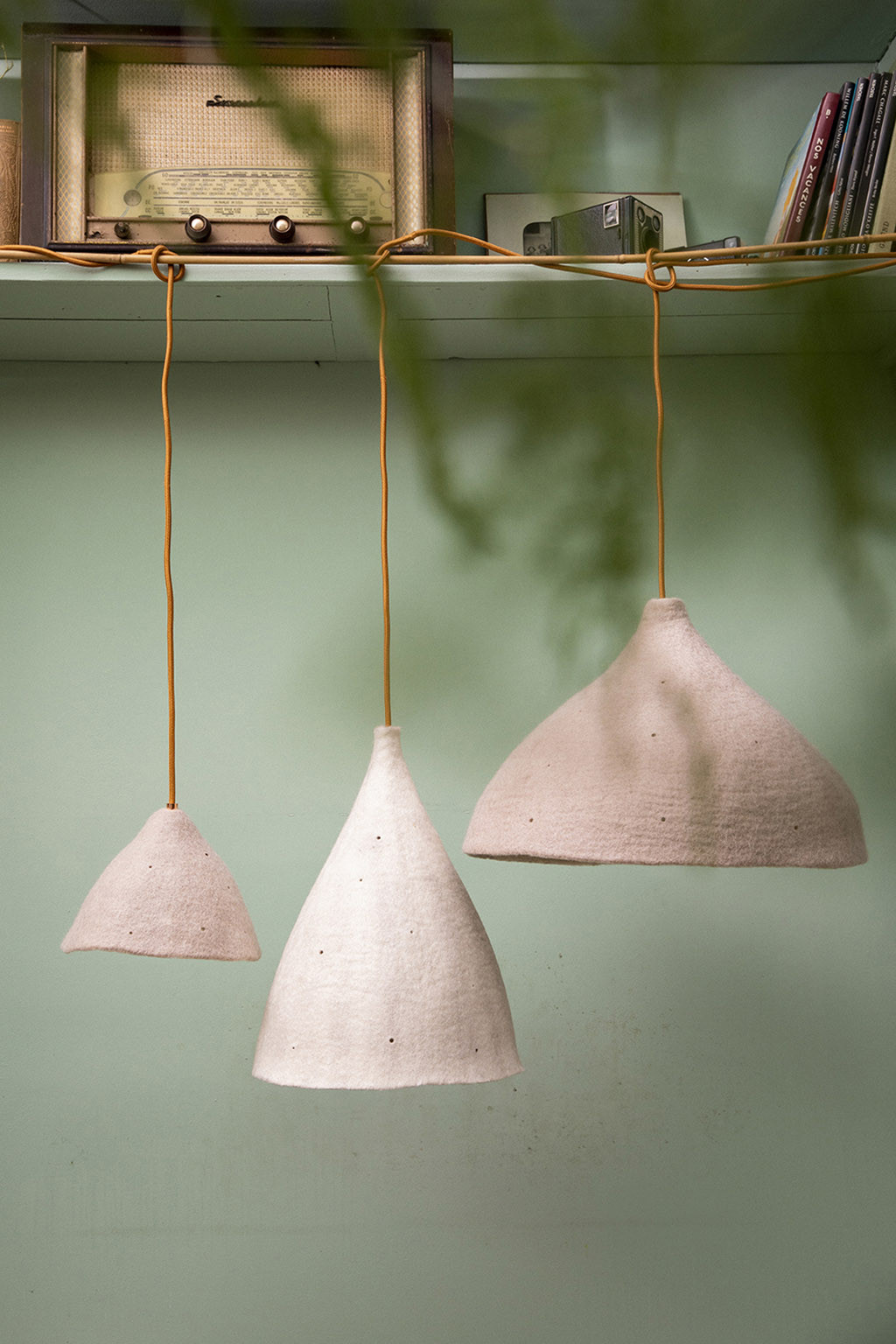 Trio of pink felted wool pendant lights