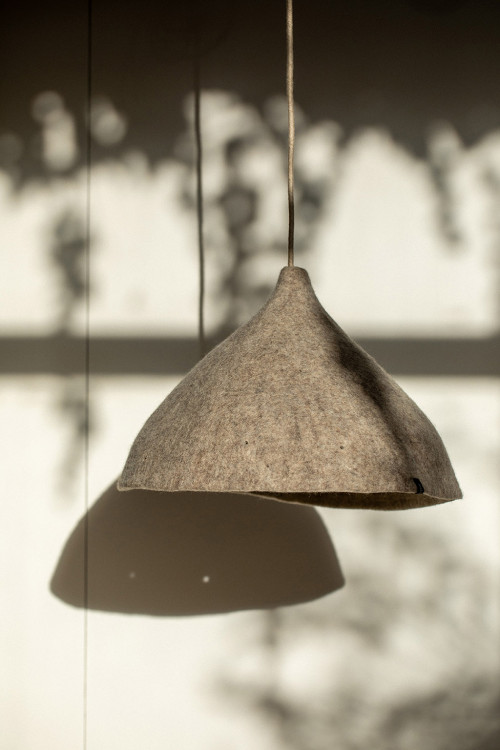 Large grey and beige reversible perforated felt shade for pendant light