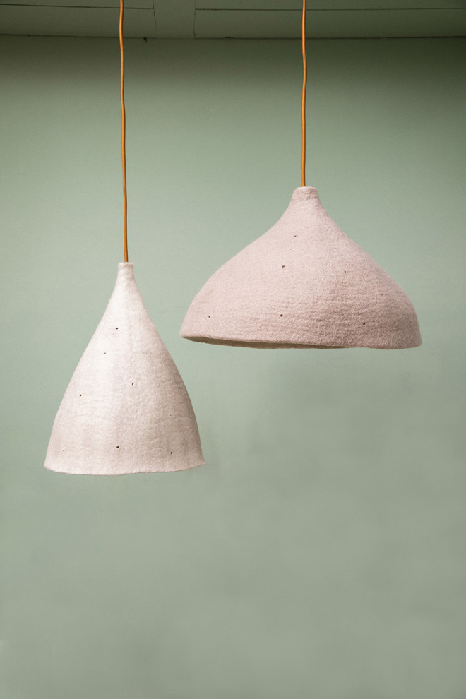 Large felt lampshade and green kitchen for a trendy decoration