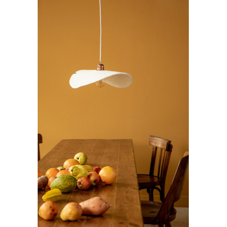A white ceiling light above the dining room table