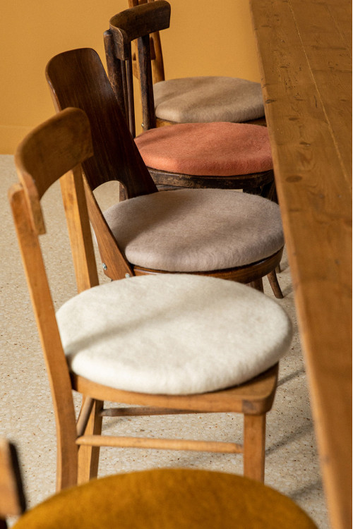 Wooden chairs and their felt seat cushions