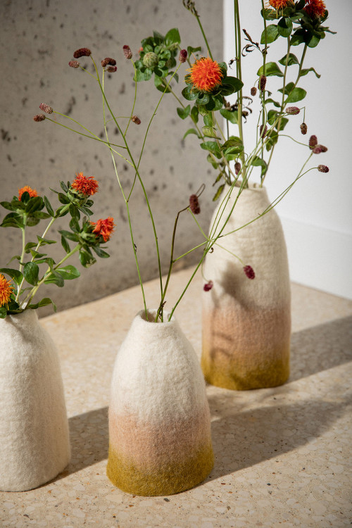 Duo of tri-colored felt vases made by craftsmen
