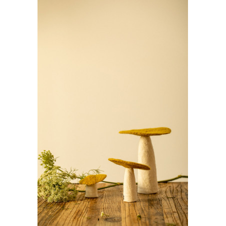 Wollpilze auf einem Holztisch als Deko-Objekt