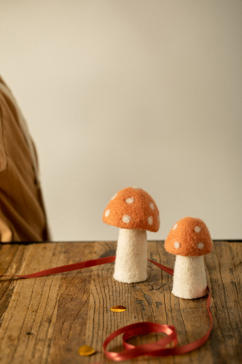 two pink polka dot mushrooms in felted wool to bring a touch of color to your decoration