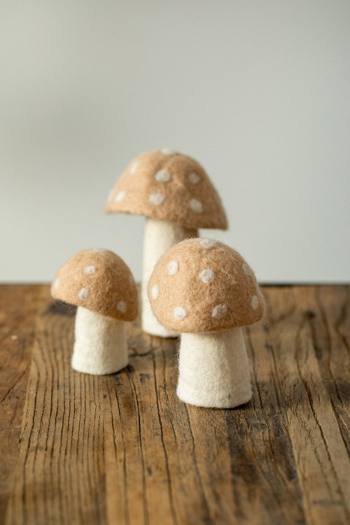 trois tailles de champignons à pois fabriqués artisanalement avec du feutre naturel trois tailles de champignons à pois fabriqués artisanalement avec du feutre naturel