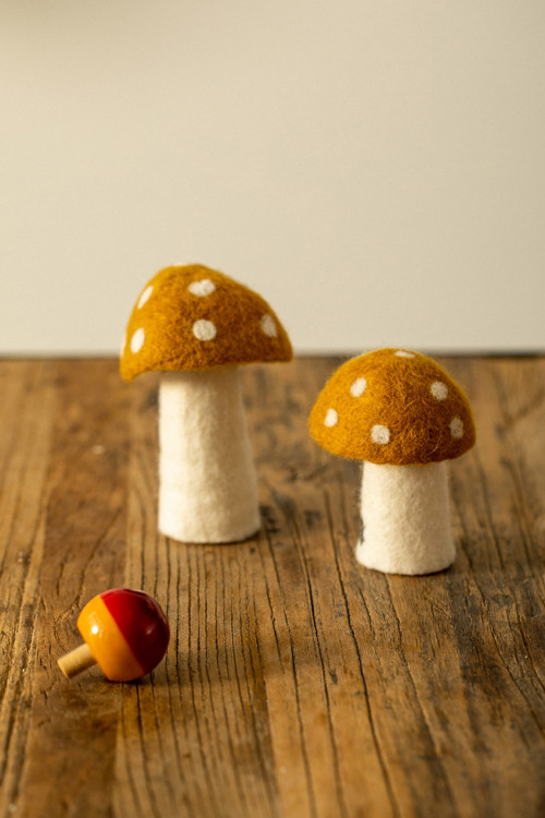duo of polka dot mushrooms hand made of felted wool