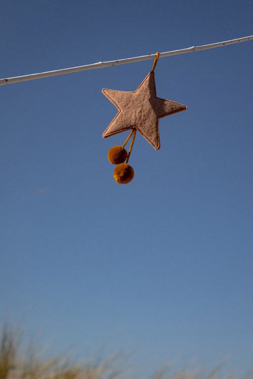 une étoile rose en laine feutrée avec des pompons pollen pour une touche colorée