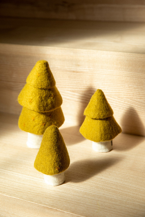 three green fir trees handmade in felted wool