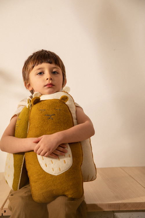 Enfant assis avec des coussins en forme d'animaux sur les genoux