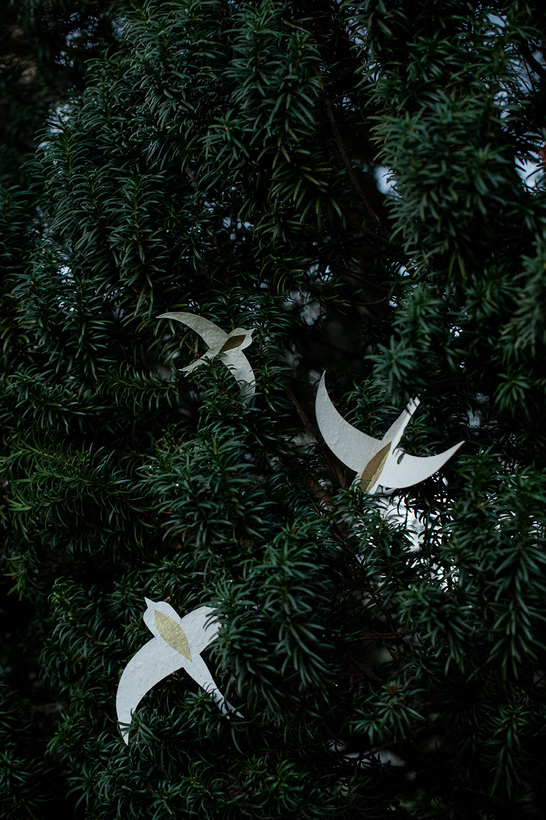 3 hirondelles blanches en papier lokta disposées dans le sapin