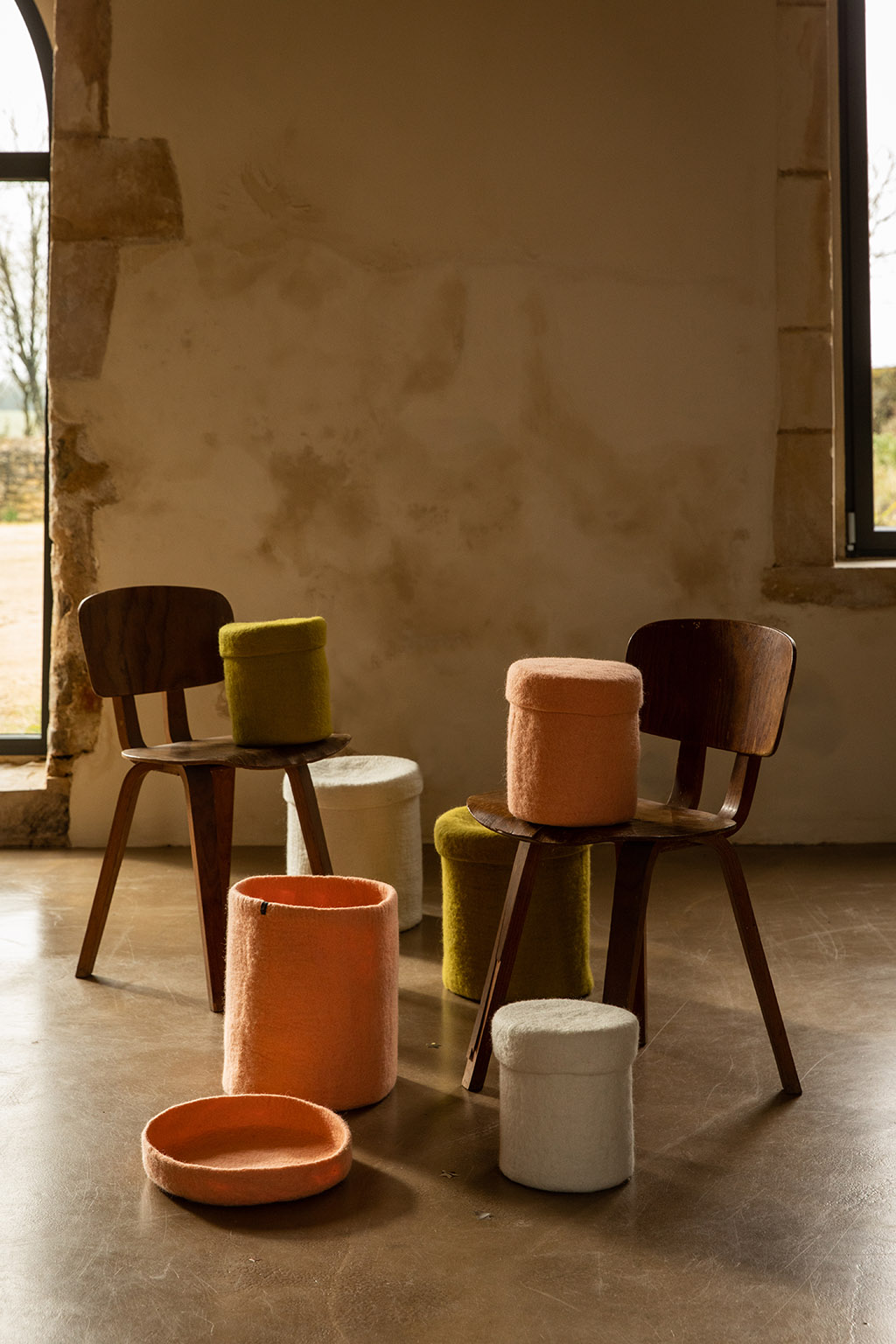 Boite de rangement ronde en laine feutrée