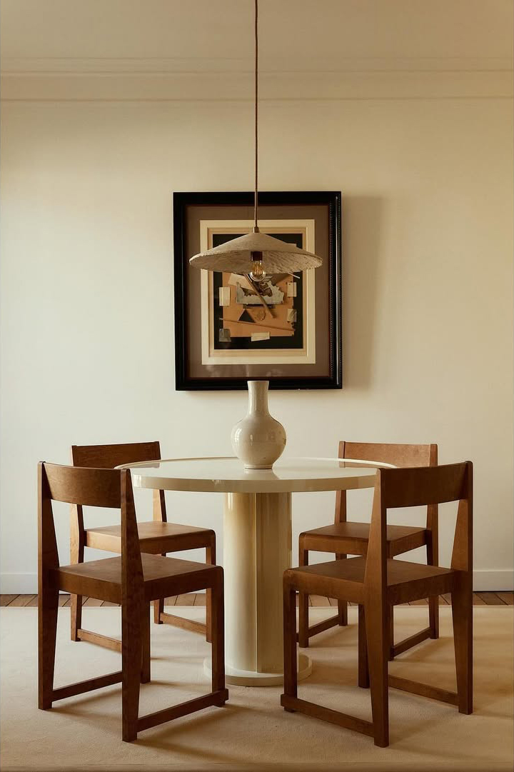 Salle à manger minimaliste et chaleureuse avec chaises en bois et table ronde