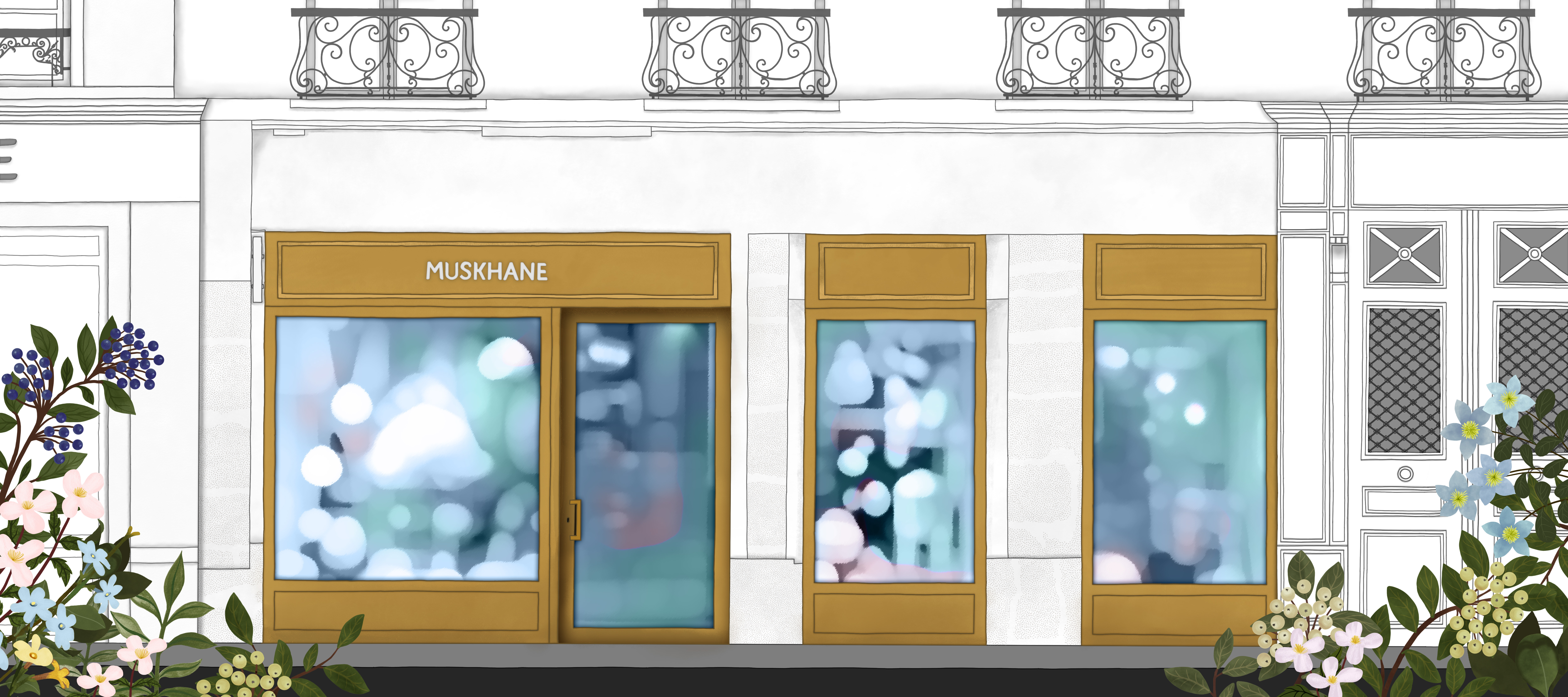 Drawing depicting the MUSKHANE store on Rue des Gravilliers in the 3rd arrondissement of Paris