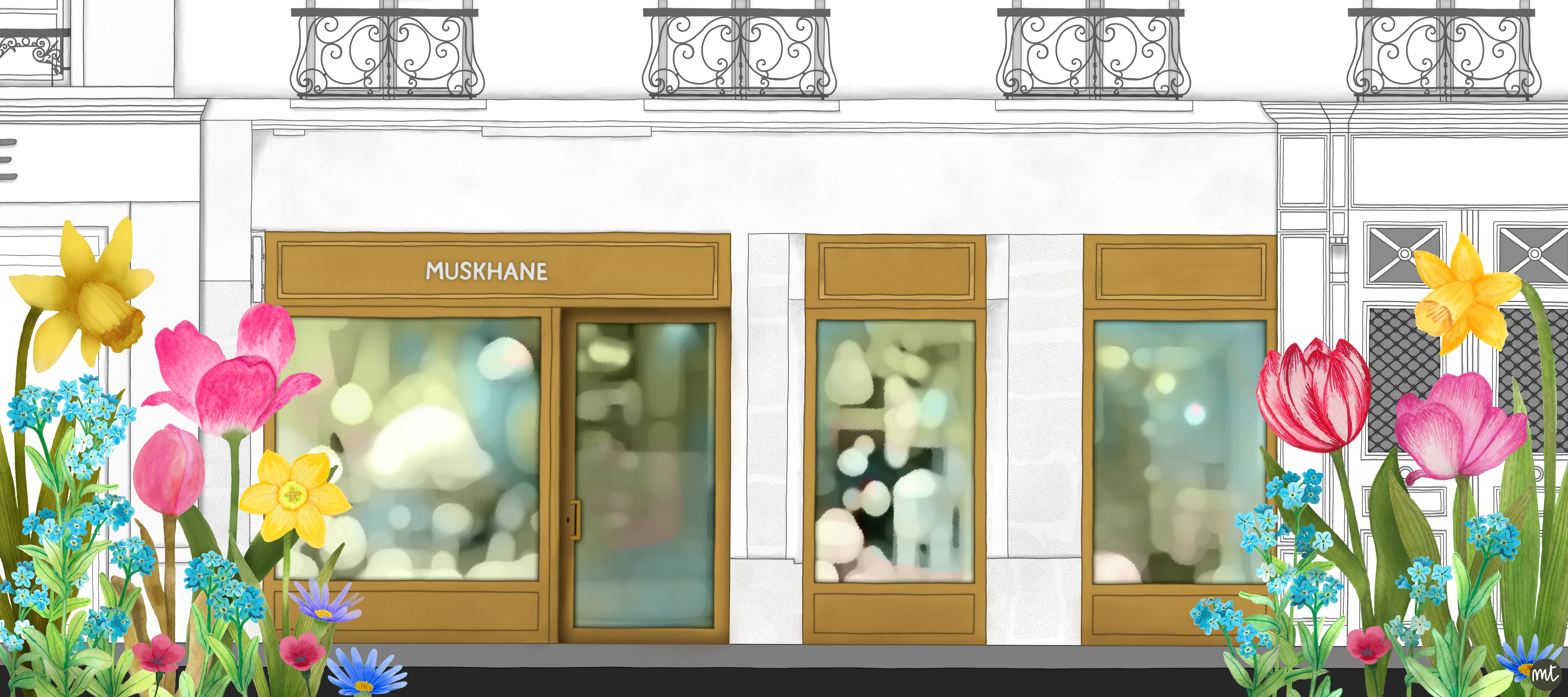 Dessin représentant la boutique de MUSKHANE rue des Gravilliers dans le 3ème arrondissement de Paris