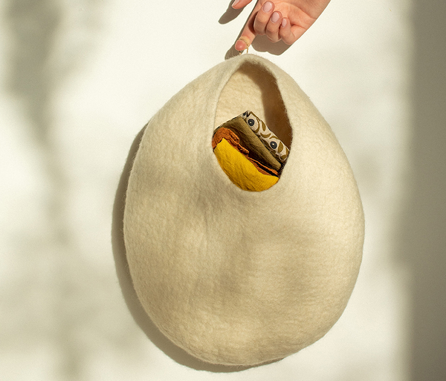 White wool felt basket to hang