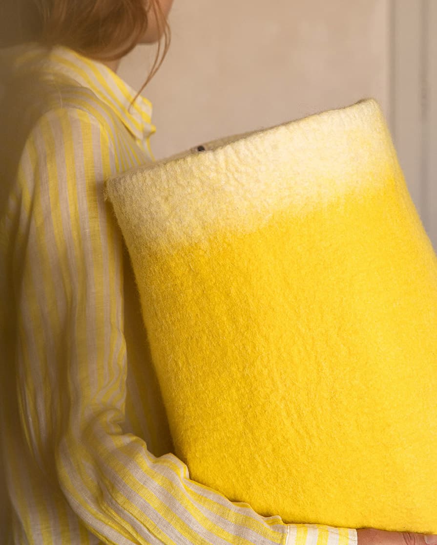High lemon-yellow wool felt storage basket