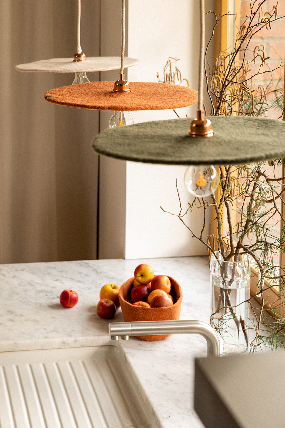Trio of green, red and white flat pendant lights for the kitchen