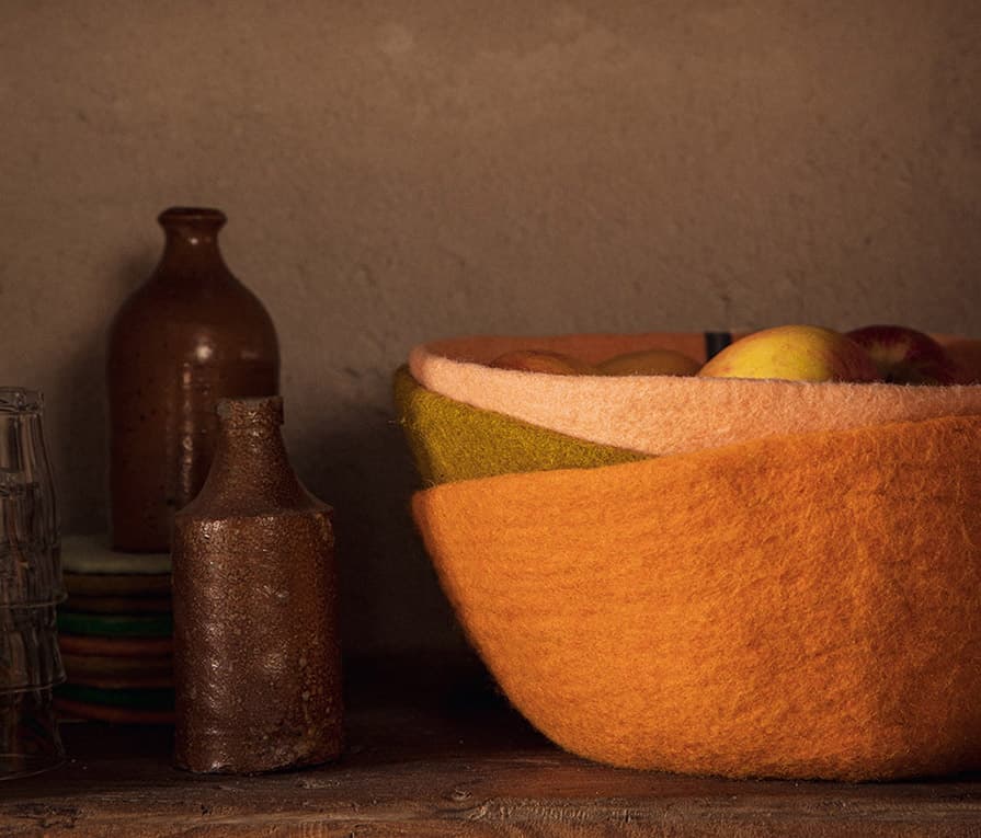 Corbeille à fruits orange en feutre de laine