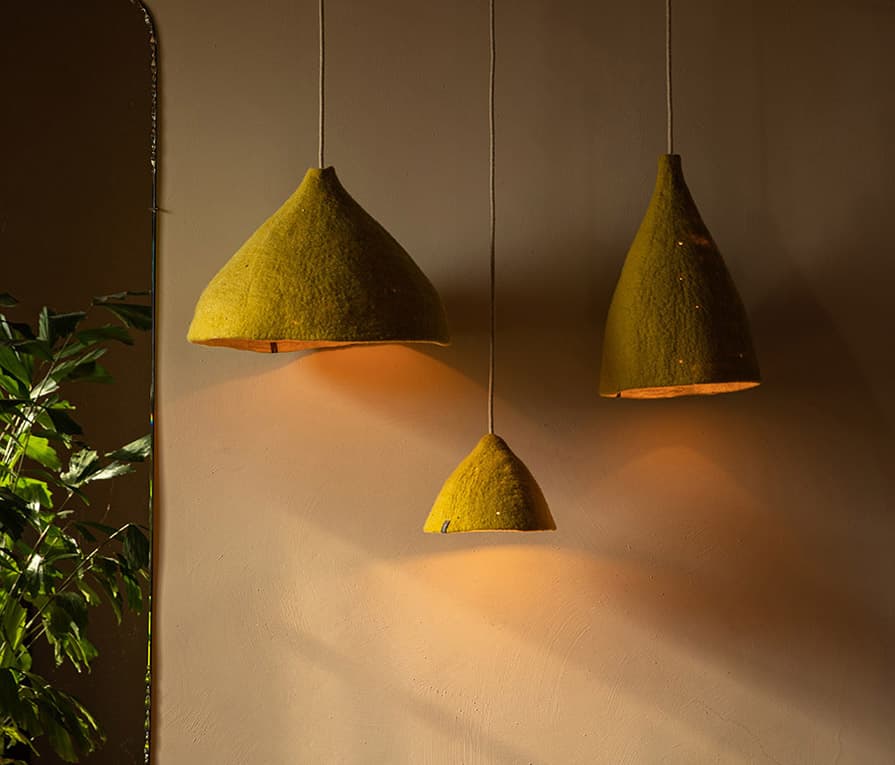 Trio of green felted wool lampshades