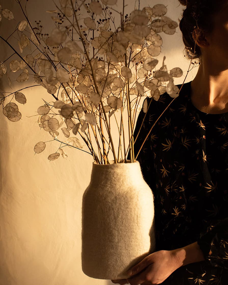 Large white felted wool vase cover